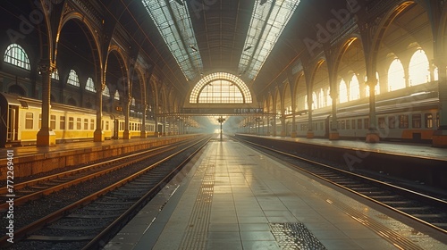 Wide shot of a train station in an European city. Daylight. Generative AI. © visoot