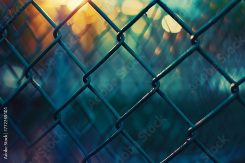 Close-up of a chain-link fence with a blurred sunset background
