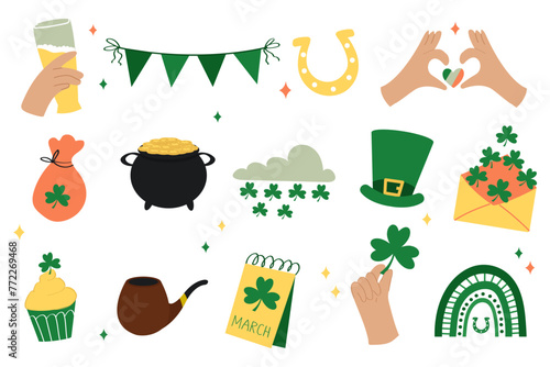 Cute set of icons for Saint Patrick's Day. Irish themed design elements. Isolated on white.