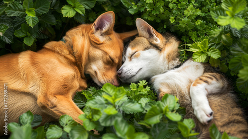 Two dogs napping in a lush garden  enveloped in green leaves and soft light