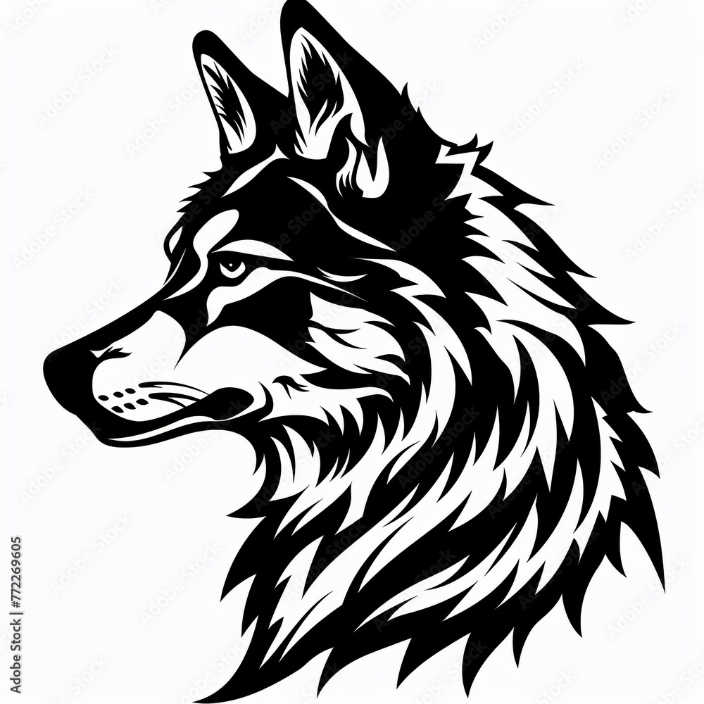 Naklejka premium A black and white image of a wolf tattoo, in the style of Cricut SVG cut files, white background, bold and bold Outlined in black, simple image, mid shot