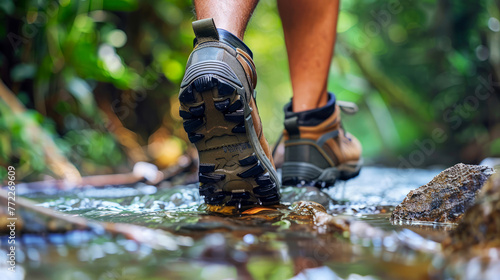 Hiking boots wading through stream with mountainous forest backdrop, focus on adventure