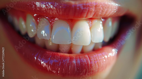 Extreme close-up of a healthy smile with glistening white teeth and red lips