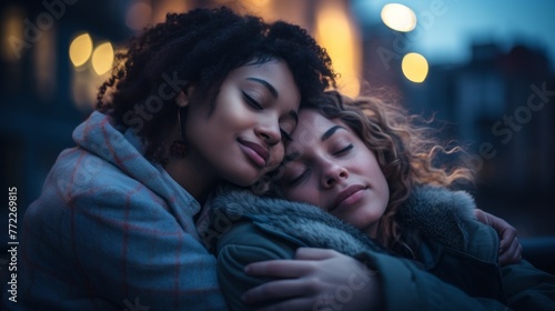 Close-up of young multiethnic lesbian women, African American and Caucasian girls wrapped in a plaid and hugging with their eyes closed in the evening on a city street.