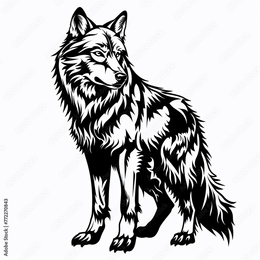 Fototapeta premium A black and white image of a wolf tattoo, white background, bold and bold Outlined in black, simple image, mid shot