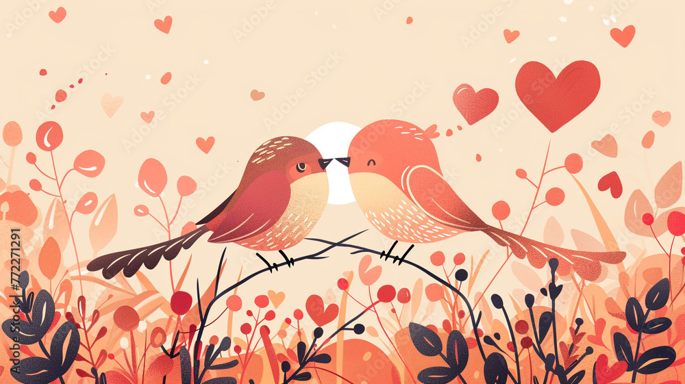 illustrator flat color style Valentine's Day card invitation background with a picture of a couple birds in love.