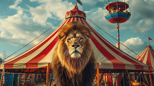 a circus lion sitting in front of circus tent, sky background, World Circus Day. Holiday concept. Template for background, banner, card, poster photo