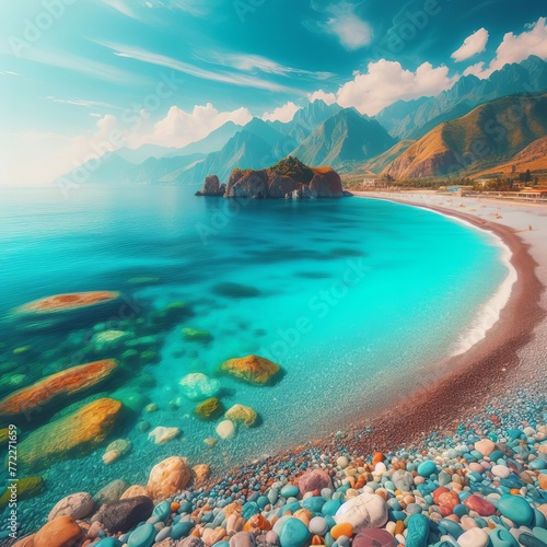 a cyan sea, complemented by the vibrant hues of colorful beach pebbles,a beachside escape © cherif