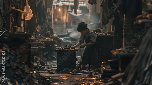 A child laborer toiling away in a dimly lit sweatshop
