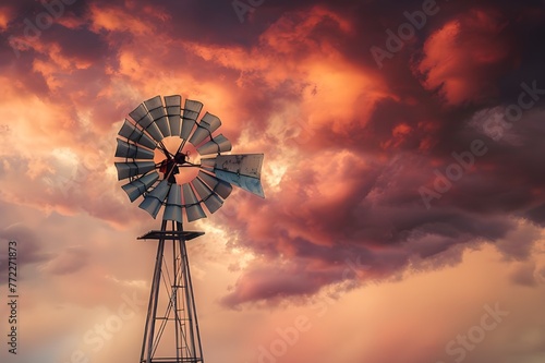 Rustic windmill standing against a dramatic sky.
