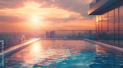 Indoors pool of a modern minimal sleek luxury penthouse, during a stunning colorful sunset with view on the city skyline. Generative AI. photo