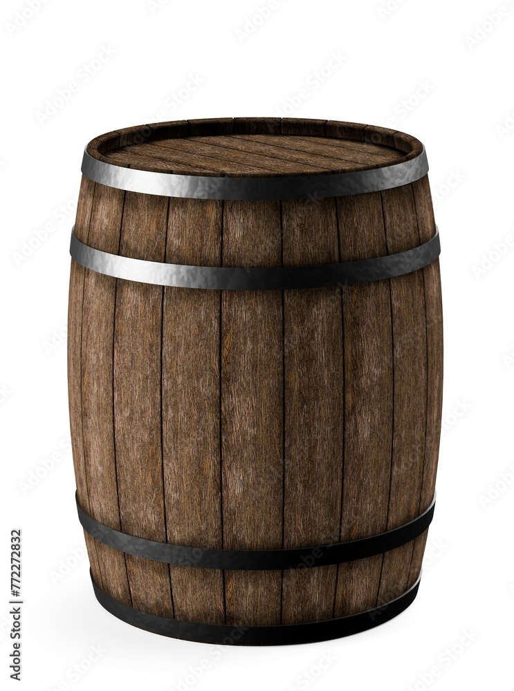 Obraz premium Single wooden wine or whiskey barrel, cask or keg made from rustic oak wood on white background