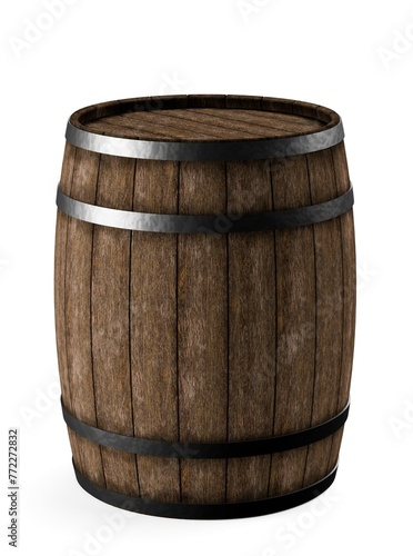 Single wooden wine or whiskey barrel, cask or keg made from rustic oak wood on white background