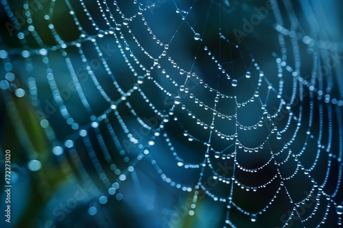 Macro shot of raindrops on a spider's web. 