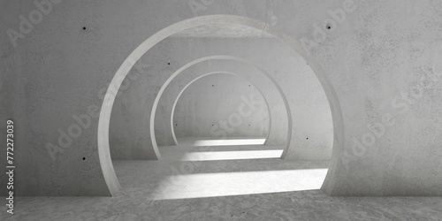Abstract empty, modern concrete room with row of round circular doorframe openings and rough floor - industrial interior background template © Shawn Hempel