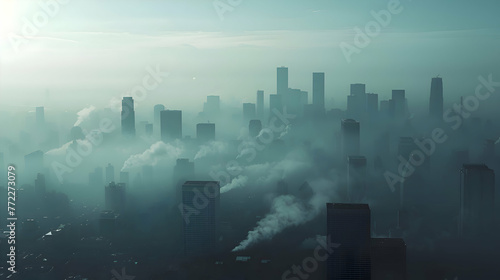 A city skyline obscured by thick smog and pollution