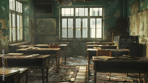 A classroom with outdated textbooks and worn-out desks photo