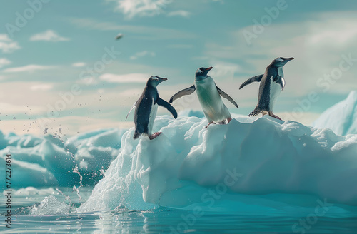 The penguins jumping from an ice floe into the sea