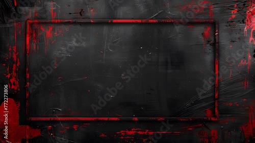 Intense red distressed edge on dark backdrop, vibrant red paint strokes on black wall photo