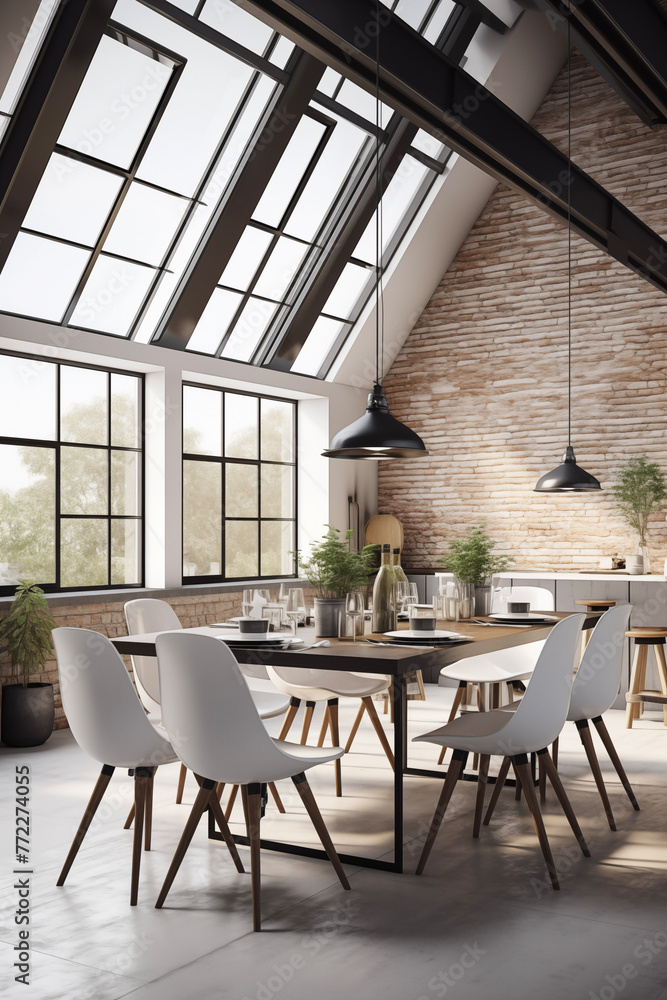 Fototapeta premium Loft style dining room. Dining table with chairs. Mock up interior photo. Chairs at dining table in dining room with flowers. Kitchen island and table in contemporary apartment interior.