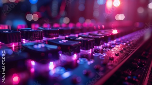 Close-Up View of a Sound Mixers Control Panel With Glowing Lights