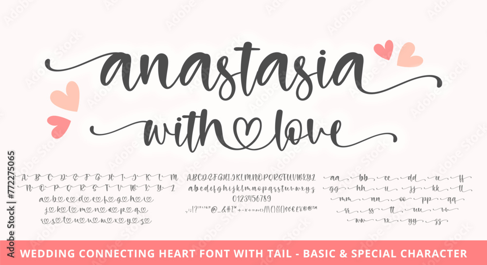 Handwritten Script Font with Heart Symbols. Vector hand-drawn Alphabet ...