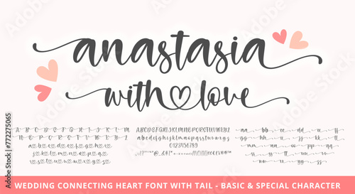 Handwritten Script Font with Heart Symbols. Vector hand-drawn Alphabet Letter logo font. Connecting Heart font. font with Swashes