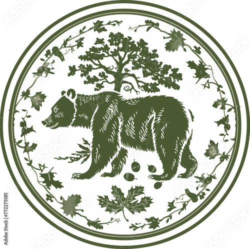 A circular logo from the forest rangers in 1899, clarity, crisp colors, olive green, bear, simple, tree, vines, acorn

