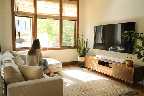 Woman in living room with cozy interior design with big window and TV