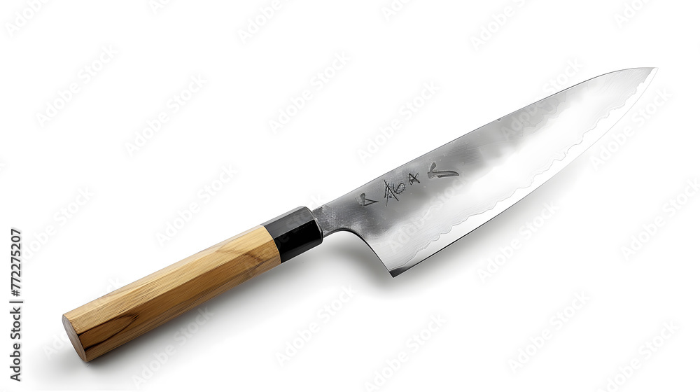 A fine Japanese Sentoku knife with a wooden handle and a silver blade isolated on a white background A fine Japanese Sentoku knife with a wooden handle and a silver blade isolated on a white background