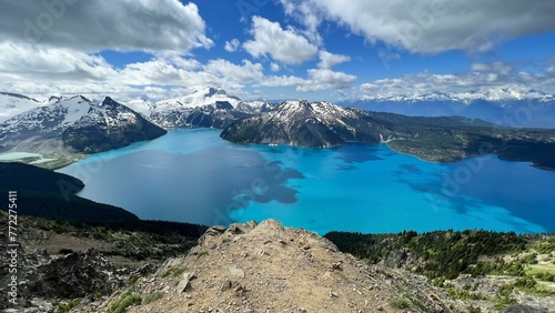 Scenic aerial view of Garibaldi Lake surrounded by majestic mountains. BC, Canada.