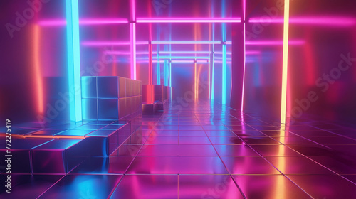 Sleek, metallic surfaces intersecting with glowing, neon lines in a virtual space