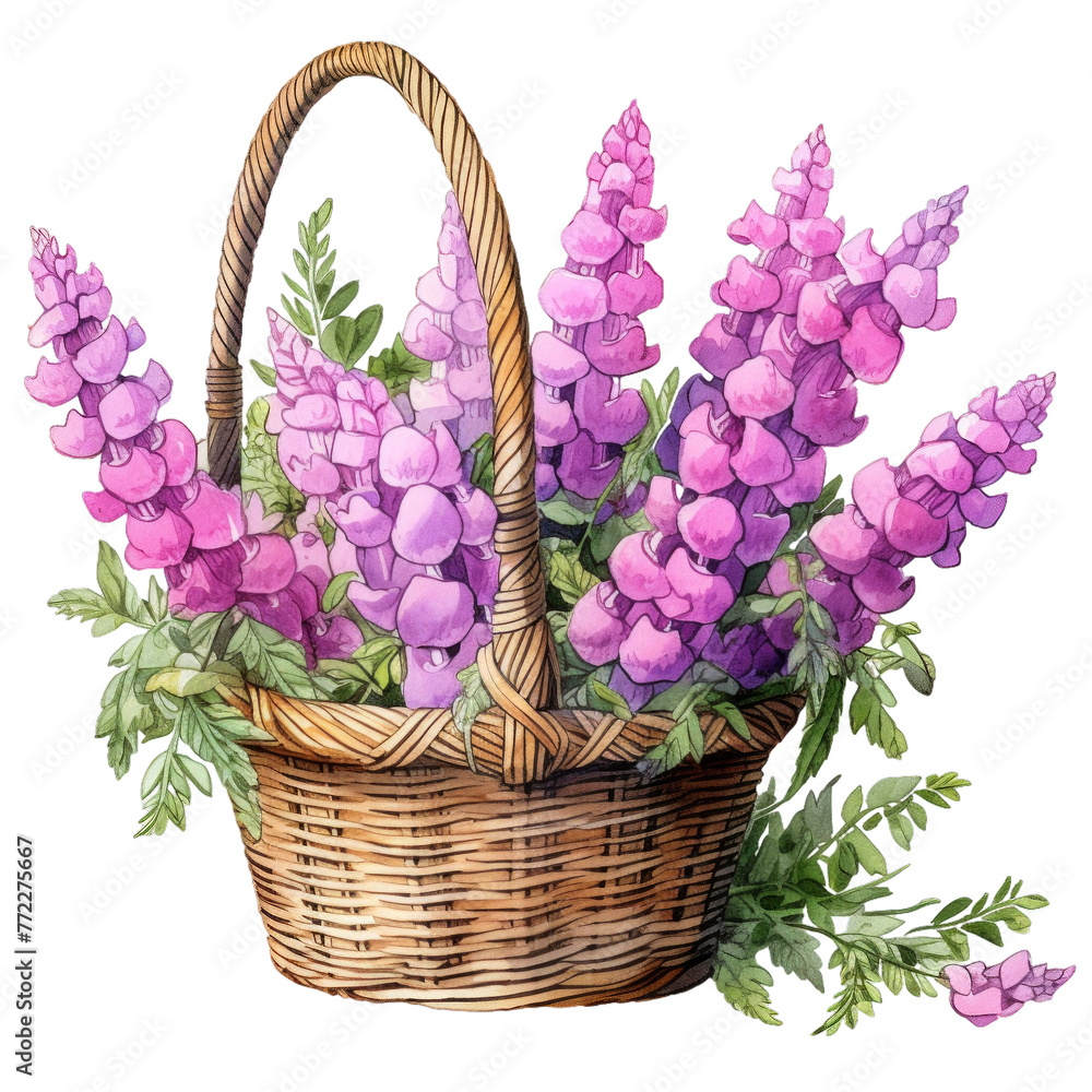 A basket filled with purple flowers. The basket is made of wicker and is placed on a white background. The flowers are of various sizes and are arranged in a way that creates a sense of depth A basket filled with purple flowers. The basket is made of wicker and is placed on a white background. The flowers are of various sizes and are arranged in a way that creates a sense of depth