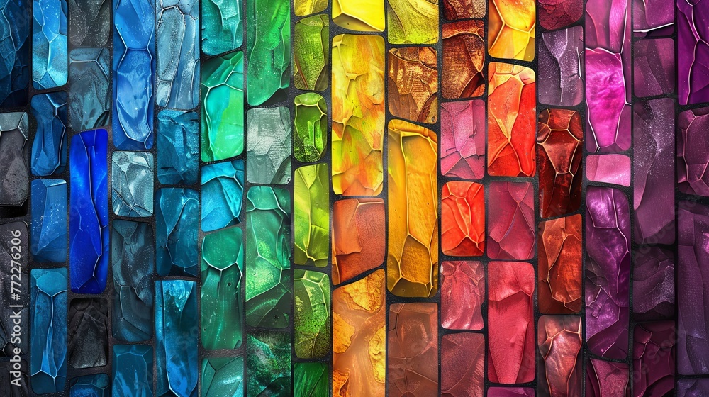 Abstract pattern featuring a vibrant spectrum of colored stained glass pieces arranged in a grid. Abstract pattern featuring a vibrant spectrum of colored stained glass pieces arranged in a grid.