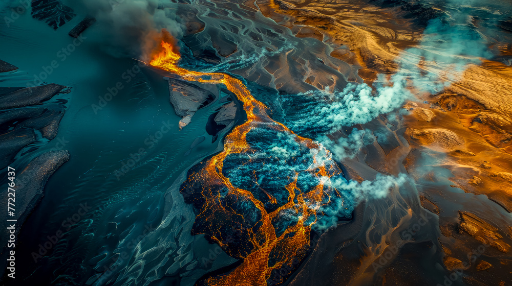 An aerial view of molten lava streaming from a volcanic eruption into the vast expanse of the ocean, creating sizzling steam clouds and new land formations