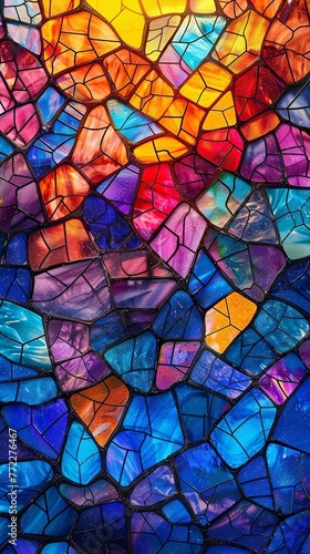 Abstract geometric stained glass pattern featuring a colorful mosaic of red, yellow, and blue shades.