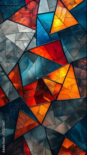 Abstract geometric stained glass pattern featuring a colorful mosaic of red, yellow, and blue shades.