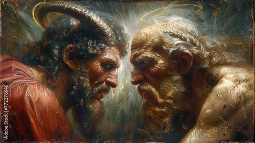 Symbolic confrontation: battle between God and the devil, good and evil, Jesus Christ and Lucifer, struggle of opposites, the eternal conflict between light and darkness in religious representations.
