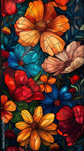 Bright and colorful floral mosaic made from stained glass  featuring a variety of flower designs.