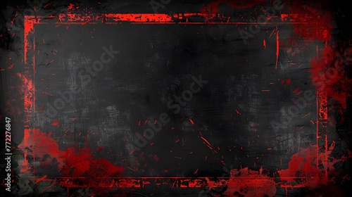 Expressive red grunge frame on isolated black backdrop, vibrant red brush strokes on black wall