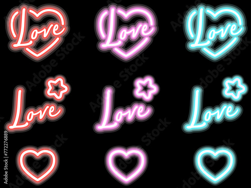 ネオンのハートとLoveの文字イラスト素材3色セット