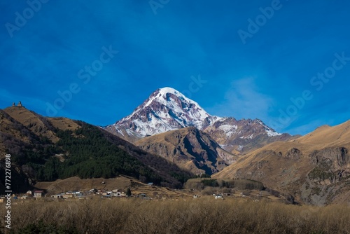 Stunning landscape of Kazbegi Mountain in the Mtskheta region of Georgia