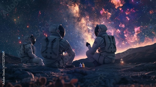 Astronauts discussing Mahabharata philosophy, starry void, evening, intimate setting, thought-provoking photo