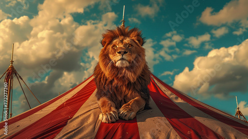 World Circus Day. Holiday concept.a circus lion illustration on sky background, banner, card, poster  photo