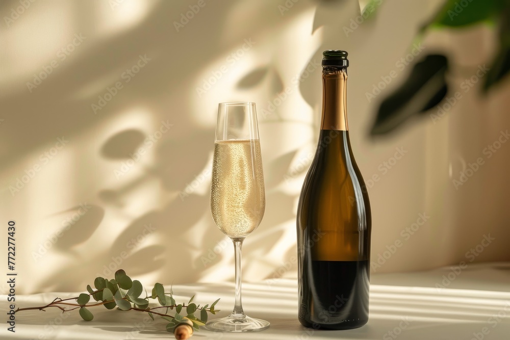 Mockup bottle of wine is on a shelf next to a wine glass Mockup bottle of wine is on a shelf next to a wine glass