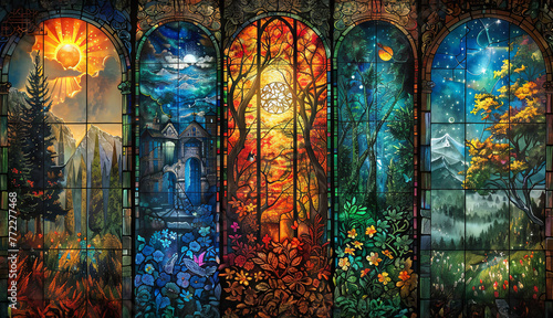 Three arched stained glass windows artistically representing the changing seasons with vibrant, thematic imagery.