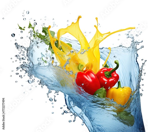Red and yellow peppers with splashes of water on a white background