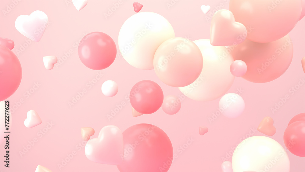 3d rendered abstract flying hearts and spheres in the air.