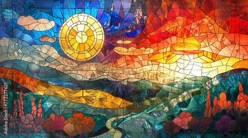 A picturesque stained glass window scene depicting a river landscape with a radiant sunset and rolling hills.