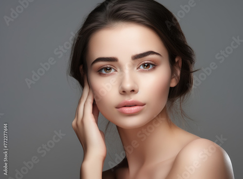 Beautiful woman with perfect face touching her clean fresh skin on gray background, portrait of beautiful young girl posing after cosmetic facial beauty treatment